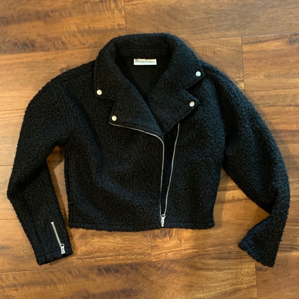 No Boundaries Black Teddy Moto Jacket - Women Y2K XS Fuzzy Jacket